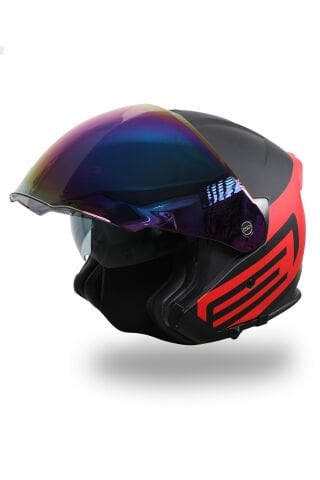 Palio 2.0 Scout Mat Siyah-Kırmızı Güneş Vizörlü Açık Kask Iridium Gökkuşağı Camlı