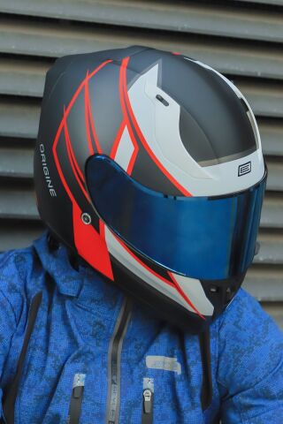 Origine Strada Competition Beyaz-Kırmızı-Siyah Güneş Vizörlü Kask Mavi Camlı 2XL