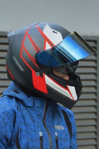 Origine Strada Competition Beyaz-Kırmızı-Siyah Güneş Vizörlü Kask Mavi Camlı 2XL
