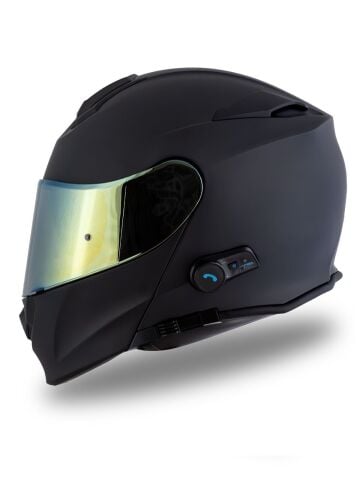 Origine Delta BT Mat Siyah Çene Açılır Kask (Intercomlu-Bluetoothlu Kask) Sarı Camlı