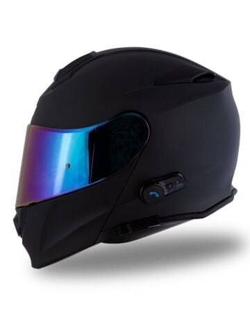 Delta BT Mat Siyah Çene Açılır Kask (Intercomlu-Bluetoothlu Kask) Iridium Gökkuşağı Camlı